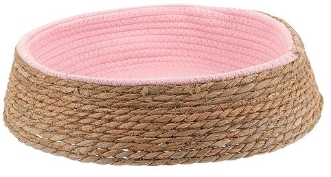 FONDOTIN Wicker Dog Bed and Woven Cat Sleeping Nest Wear-resistant Round Pet Sleeping House Small Pink Comfortable Cooling Pet Cushion for Dogs and Cats