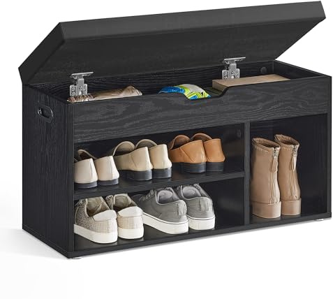 VASAGLE Custos Kollektion - Schuhbank mit Sitzfläche, Sitzbank mit Stauraum, gepolstert, Fach unter Sitzkissen, bis 136 kg belastbar, 30 x 80 x 44 cm, ebenholzschwarz-tintenschwarz LHS030B03