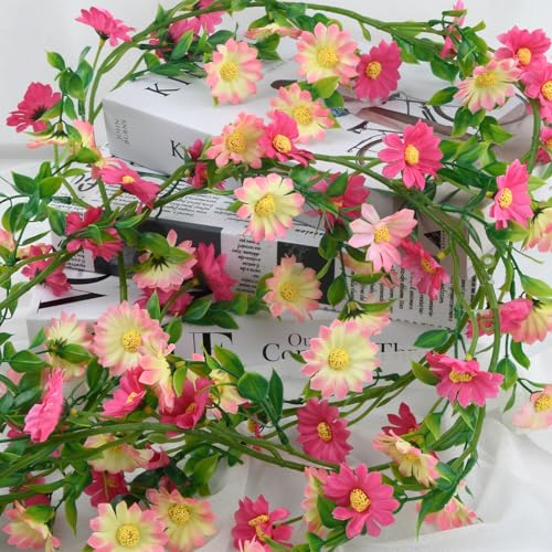 Rundago 2.1 Meter Gänseblümchen Deko Blumengirlande, 88 Blumen Kunstblumen, Künstliche Blumengirlande für Hochzeit, Haus, Arrangement, Dekoration des Gartenhauses (kräftiges Pink)