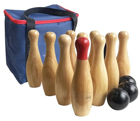 Jeu de bowling en bois avec sac de transport (H 26 cm, 10 broches + 3 balles)