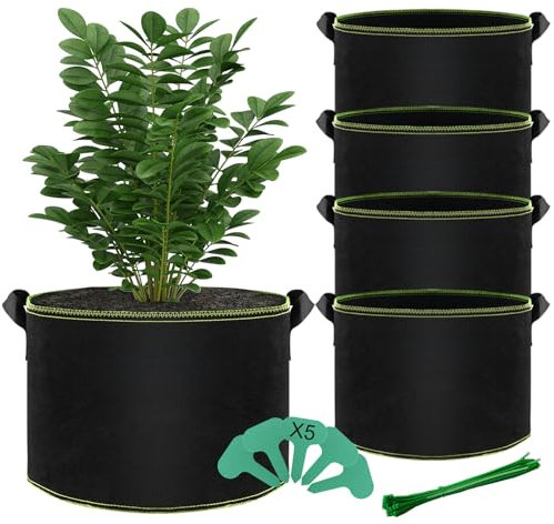 BLIENKREBY 5X Sac de Plantation 20L, Sacs à Plantes Non Tissé avec Poignées, Sac Pomme de Terre Plantation Réutilisable, avec 5 Étiquettes pour Plantes, Fleurs, Fraises