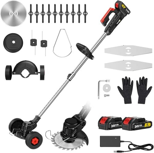 CONENTOOL 600W Akku Rasentrimmer mit 2X 2000Ah Akku, 24V Rasenkantenschneider mit 4 Arten von Schneidklingen, 8500rpm/min Freischneider mit Hilfsgleitrad, Teleskopstab Motorsense