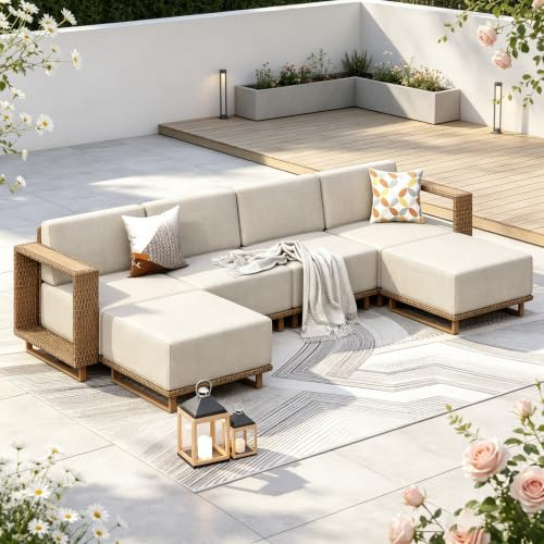 PHI VILLA Ensemble de meubles de jardin en rotin, meubles de balcon pour 6 personnes, meubles de salon, canapé d'extérieur pour jardin et terrasse, canapé de jardin résistant aux intempéries, meubles