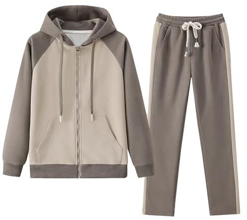 amropi Femme Survêtement Ensemble Veste Sweat à Capuche Jogging Pantalon Tenue de Sport Café, S