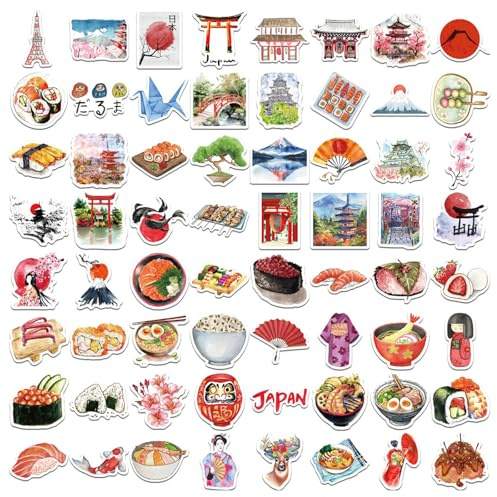 VYNZOR Lot de 64 autocollants de voyage japonais pour ordinateur portable,Cadeau pour enfants, adolescents, adultes, garçons, Sakura japonais - En vinyle imperméable - Pour scrapbooking