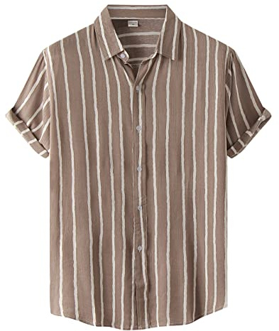 CHUNOTU Chemise rayée à manches courtes vintage pour homme Col boutonné Chemise de bowling décontractée en coton et lin