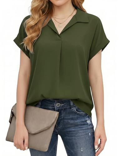 Enmain Blusa Mujer Manga Corta Verano Camisa Mujer Cuello V Chiffon Elegante Camiseta Trabajo Oficina Casual Camisas Color Sólido Tops con Solapa