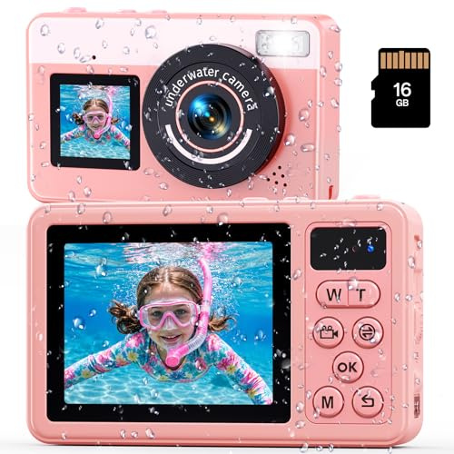 Maxmango D70 Cámara Acuática 4K 48MP, Cámara Impermeable 10FT para Piscina y Playa, Doble Pantalla Autofocus Zoom 18X, Cámara Flotante Regalo para Adolescentes y Principiantes con Tarjeta 16GB, Rosa