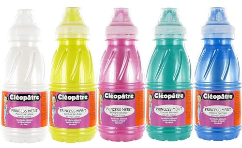CLÉOPÂTRE Lot de 5 peintures acryliques Nacrée en 250 ml (Blanche, Jaune, Rose, Verte et Bleue)
