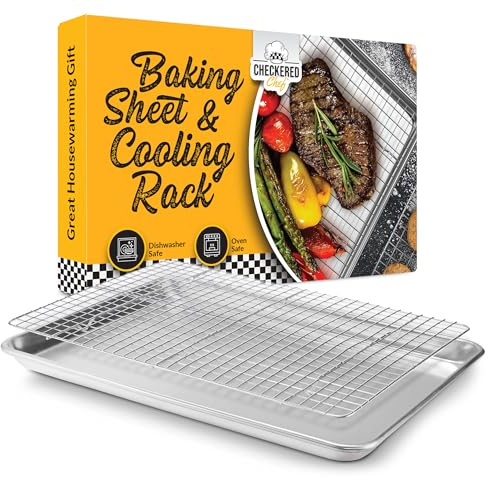 Checkered Chef Quarter Sheet Pan with Wire Rack for Cooking - 1/4 Sheet Pan, 13 x 9.5 Aluminum Cookie Sheets and Stainless Steel Cooling Rack for Baking