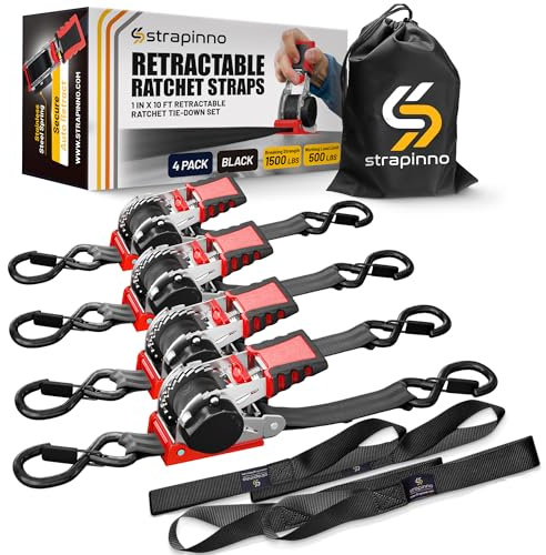 Strapinno Retractable Ratchet Straps 1 in x 10 ft, Secure Tie-Downs with Rubber-Coated Steel Handles, S-Hooks & Durable Hardware, for Motorcycle, Jetski, kayak, Breaking Strength 1,500LBS/680KG (4PCS)