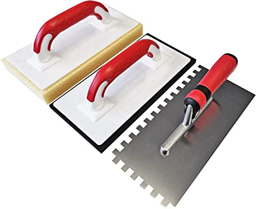 Maurerfreund Fliesenlegerset 3-teilig mit rostfreier Glättekelle Zahnung 10x10mm & Fugenbrett mit Zellgummi & Fliesenwaschbrett | ergonomische Softgriffe | Made in Germany