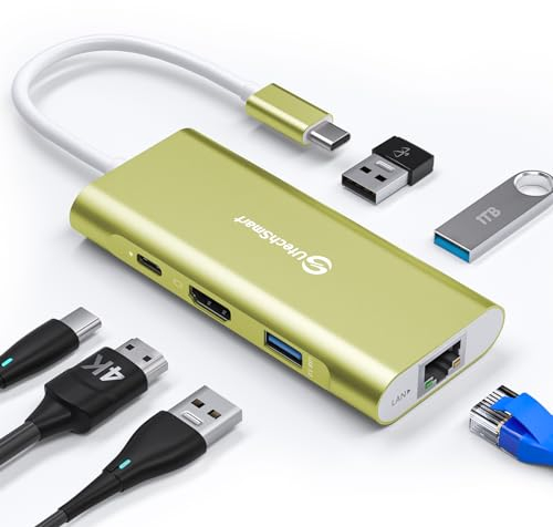 UtechSmart - USB C 6 en 1 Hub Adaptador USB C a HDMI con 1000M Ethernet, PD 100W Puerto de Carga, 3 Puertos USB 3.0 Adaptador Compatible con MacBook Pro, Chromebook y Dispositivos USB C (Oro)