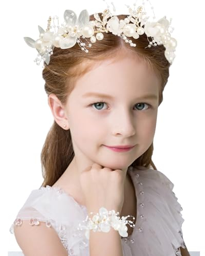 Blumenkranz Haarschmuck Kommunion, Perlen Braut Kopfschmuck mit Armband, Hochzeit Haarkranz Weiß Perle, Blumenmädchen Haarschmuck Blumenkranz Haarrebe für Damen und Mädchen Kinder