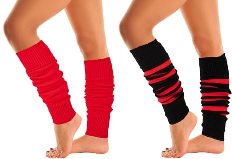 Mysocks Calentadores de piernas suaves y elegantes de invierno de los años 80, para fiestas, bailes, largos, a rayas, para mujeres, niñas y mujeres, Rojo Negro, talla única