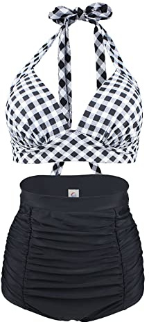 Dinglong Maillot de Bain Deux Pièces Femme - Short Rétro à Licou Taille Haute Transbronzant Sexy