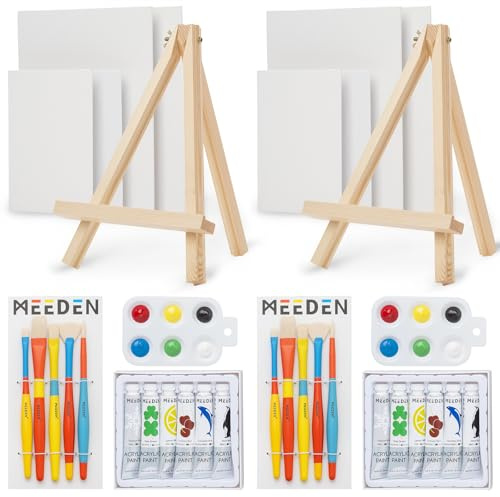 MEEDEN Akrylfärg canvas-set, 28-delars målningssats med trästaffli, 12 färger akryl, 10 borstar, 4 duk, färgkit för barn, studenter, konstnärer och nybörjare