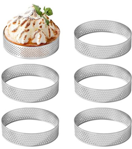 JDCMEI 6 Pezzi Anello Microforato Crostata, 8cm Stampo per Dolci antiaderenti, Stampo Crostata Microforato in Acciaio Inox, Anelli Dessert Traforati Anello Mousse per Preparare Torte Ciambelle Mousse