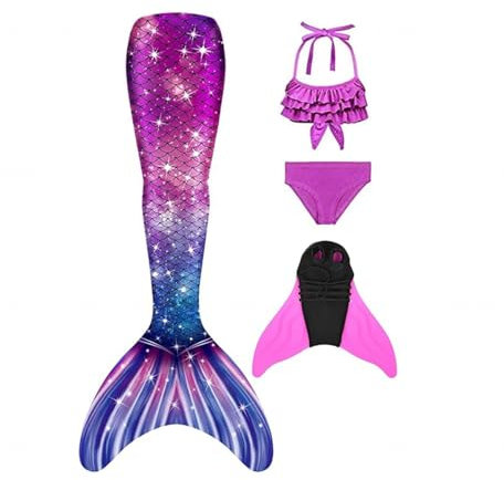 Wizvox 4er-Packung Bikini mädchen, Fischschwanz Mädchen Bikini-Fischschwanz-Set mit Monoflosse, 3–15 Jahre, Machen Sie SchöNe Fotos Von Ihren Kindern,2-130