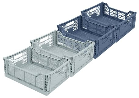 Box and beyond - Confezione da 4 scatole portaoggetti pieghevoli - 40 x 30 x 15 cm - Plastica blu e grigio - Pieghevoli - Con maniglie - Per la cucina, ufficio, camera da letto, soggiorno - Stile