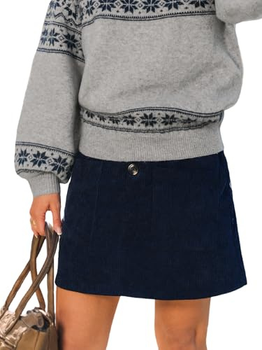 CUPSHE Minigonna da donna in velluto a coste, linea ad A, a vita alta, con bottoni sul davanti, gonna corta, Marina Militare, L