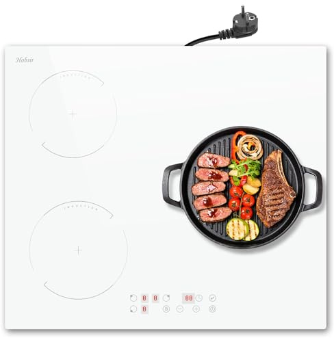 Hobsir Placa induccion 3 Fuegos con Enchufe 60cm, Placa de Inducción Blanca, 3500W, Control Táctil, Función Boost, 9 Niveles de Potencia, Bloqueo Infantil, Temporizador, 220-240V