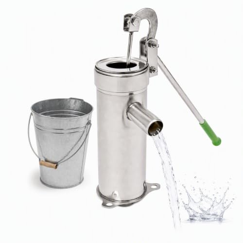 Pompa dell'acqua in acciaio inox da 8 m, pompa da giardino in acciaio inox 202, pompa a mano, pompa per acqua per fontane profonde con custodia in pelle, inserto a prova di perdite, tubo in PVC per