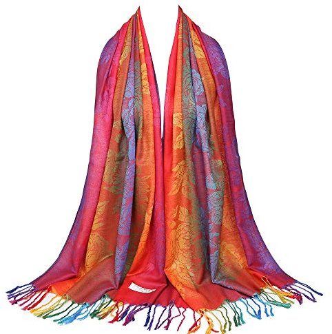 Neelamvar Colorful flowers Jacquard cotton pashmina Women Wrap Shawl tassels Scarves, Thm08-01, Large