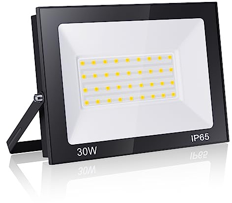 loyal 30W 3000LM Projecteur LED, Blanc Chaud 3000K Super Lumineux Spot Extérieur, Lumière de Sécurité IP65 Étanche Verre Trempé à Grain Fin, Floodlight pour Entrée Terrasse Square Usine
