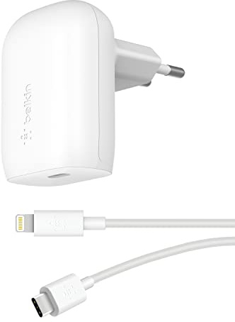 Belkin 30-W-USB-C-Ladegerät mit USB-C/Lightning-Kabel, PPS, PowerDelivery, USB-IF-zertifiziert PD 3.0 zum schnellen Laden des iPhone 14, 13, 12 Pro, Pro Max, mini und anderen Geräten