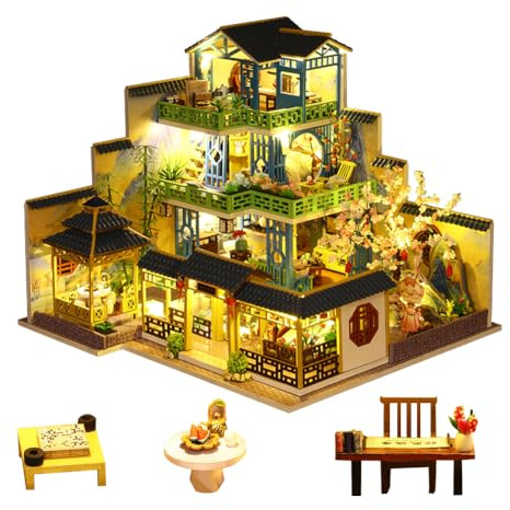 Casa de muñecas en miniatura de estilo chino de tres pisos, muebles de madera, kit de casa de muñecas DIY con habitación creativa LED, regalo para adultos, adolescentes y niños