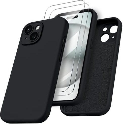 ORNARTO für iPhone 15 Hülle mit Kameraschutz und 2 Schutzfolien, flüssiges Silikon Handyhülle iPhone 15 6.1 Zoll mit Kamera Schutz, stoßfeste iPhone 15 Schutzhülle mit Mikrofaser - Schwarz