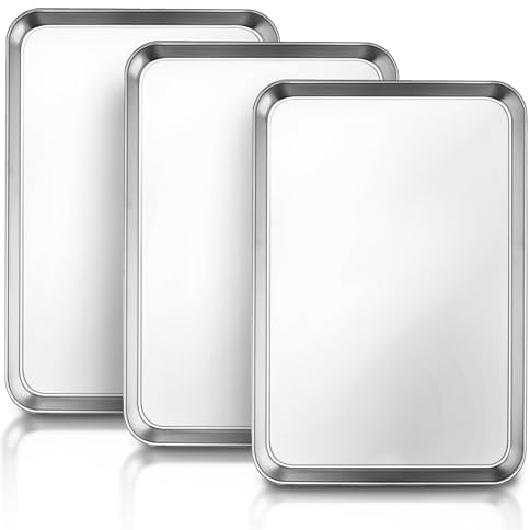 Baking Tray Set of 3, Essentials Stainless Steel Oven Tray Set - 12 x 10 x 1 inch, Easy Cleaning Rectangle Sheet Pans for Baking Cooking - Non Toxic & Heavy Duty & Dishwasher Safe