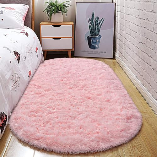 Treer Alfombra Oval de Pelo Largo para Salón, Alfombras Dormitorio Modernas Lavables Antideslizante Alfombra Shaggy Grandes, Esponja Alfombra área para Habitacion (Rosa,60x120cm)