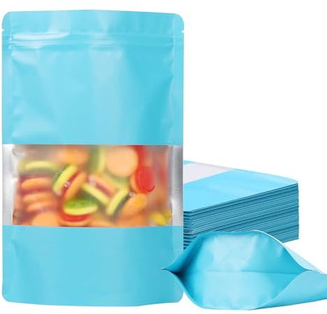 Confezione da 100 sacchetti a prova di odore, richiudibili, in mylar con finestra opaca, sacchetti in lamina stagnola per conservazione degli alimenti, autosigillanti, resistenti ai graffi, colore