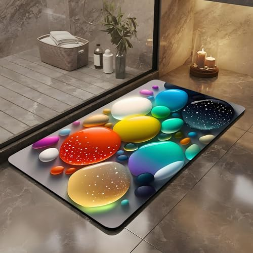 Olnamaro Tappeto Bagno Antiscivolo,Tappeti Bagno&Door Mat&Motivo in Pietra 3D,Tappeto Bagno Assorbente,Asciugare Rapidamente all'Aria e Decorare l'atmosfera (60x40CM, Pietre Colorate)