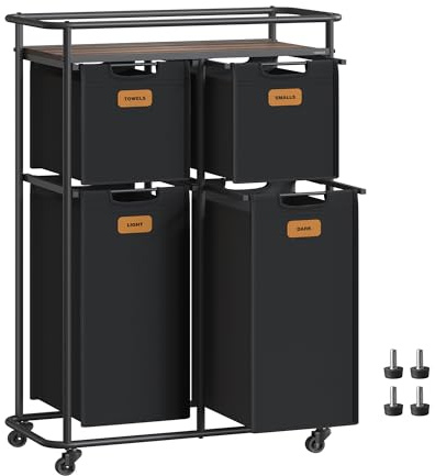 VASAGLE Laundry Sorter, Laundry Hamper with Wheels, 39.6 Gal. (150 L) Portable Rolling Cart Baskets with Shelf, 4 Removable Liners and 6 Labels, Ink Black and Chestnut Brown URLS100B01