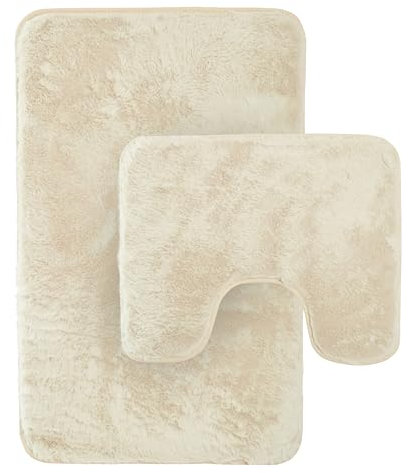 Olivia Rocco 2 Piece Bath Mat Set Extra Soft Easy Care Plush Bath Rug + Toilet Mats Super Absorbent Non Slip Bathmat for Bathroom Toilet Shower, Cream