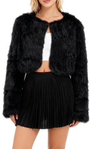 Amazhiyu Women's Faux Fur Cropped Coat Pockets Long Sleeve Open Front Winter Jacket Black, Large