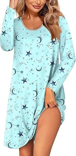 Flintronic Camisón de Invierno con Estampado de Estrellas, Manga Larga y Cuello Multitud, Ropa de Dormir de Algodón para Mujer