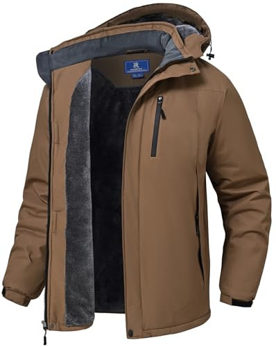 SPOSULEI Herren Winter Fleecejacke Warme Verdickt Gefüttert Skijacke Outdoor Winddicht Wasserdicht Jacke mit Abnehmbarer Kapuze für Wandern Braun L
