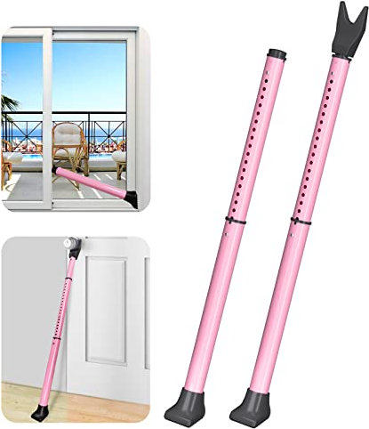 Rerishom Lot de 2 barres de sécurité pour porte - Barre de sécurité robuste pour appartement, chambre d'hôtel, quincaillerie de porte moustiquaire, barre de verrouillage de portail (rose)