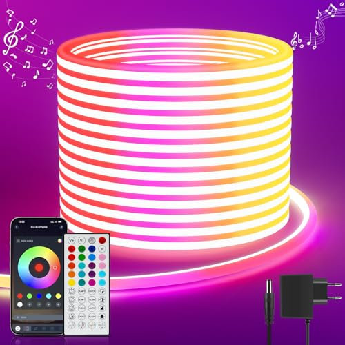 Neon Led Strip 5M RGB, LED Streifen mit APP Steuerung Fernbedienung, IP65 Outdoor Wasserdichte Flexible LeD Leiste, 24V LED Band Lichtschlauch Außen Innen Musik Sync DIY für Zimmer Raum Wand Gaming
