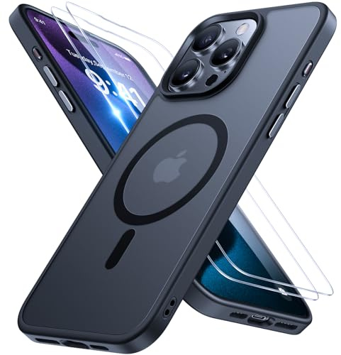 Miracase Magnetisch für iPhone 15 Pro Hülle für Magsafe[mit 2 Schutzglas] Militärschutz Stoßfest Kratzfest Anti-Fingerabdruck Samtige Touch Dünn Handyhülle für iPhone 15 Pro 6,1 Zoll, Schwarz