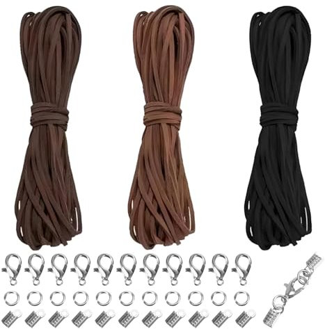 YUNYU Kit de cordón de cuero de 3 colores, cordón de cuero de 30 m con 100 cierres y extremos para pulseras y bisutería (negro, marrón oscuro, marrón medio)