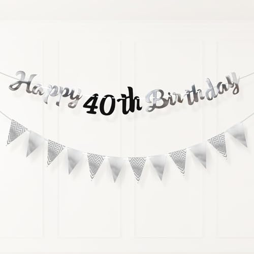 PartyYaa 40-årsdag banderolldekorationer, 40-årsdag girlang och triangel flagga, svart silver festdekoration för män kvinnor