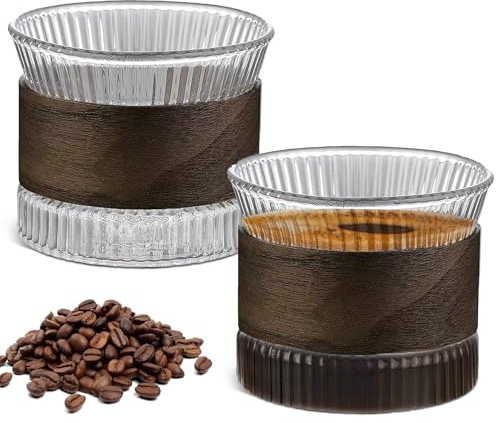 Lot de 2 tasses à espresso en verre - 150 ml Tasses à cappuccino avec manchon en bois de noyer, tasse à espresso, tasse à thé, set de tasses à espresso, verres à cappuccino, set de tasses à mocha pour