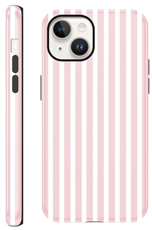 Yirlbey 2 in 1 Été Coque pour iPhone 14 / iPhone 13 6,1, Aesthetic Rose Blanc Stripes Striped Motif Dessin Étui Brillant Silicone TPU pour Femmes Filles Antichoc Housse Protection Cover Bumper Case