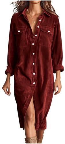 GMQWRK Robes mi-longues en velours côtelé pour femmes - Motif à carreaux chic - Manches longues - Col chemise & Ceinture - Robe à boutons décontractée pour l’automne, l’hiver et le printemps, L