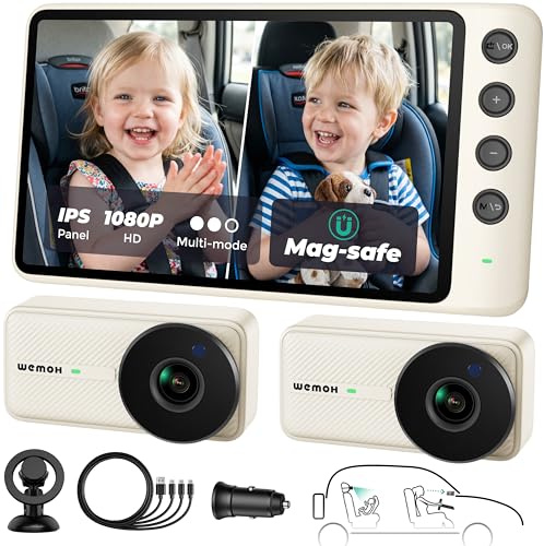 WEMOH #1 Cámara Doble Magnética para Coche para 2 Bebés con Monitor IPS de 5 1080P, Visión Nocturna Automática y Montaje Magnético, Modos de Zoom/Espejo/División, Alimentación USB, Configuración en 5